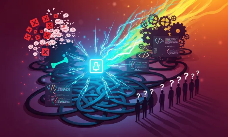 AI processing data, showing user icon, code, gears, and question marks.