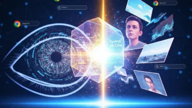 Futuristic image of an eye, cube, and person with search bars floating around.