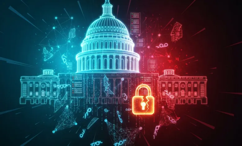 Digital rendering of the U.S. Capitol with a broken padlock overlayed.
