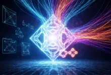 Abstract geometric shapes with glowing lines and mathematical formulas.