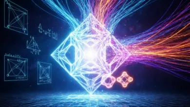 Abstract geometric shapes with glowing lines and mathematical formulas.