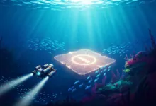 Underwater scene with submarine approaching glowing platform surrounded by fish.