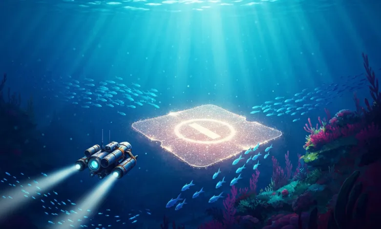 Underwater scene with submarine approaching glowing platform surrounded by fish.