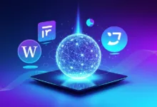 Glowing digital sphere on tablet with app icons, futuristic tech.