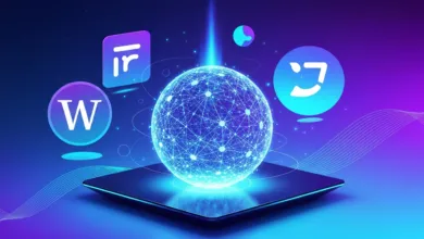 Glowing digital sphere on tablet with app icons, futuristic tech.