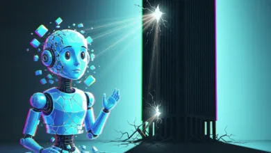 Blue robot with geometric head stands before a glowing, cracked structure.