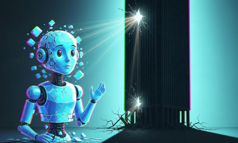 Blue robot with geometric head stands before a glowing, cracked structure.