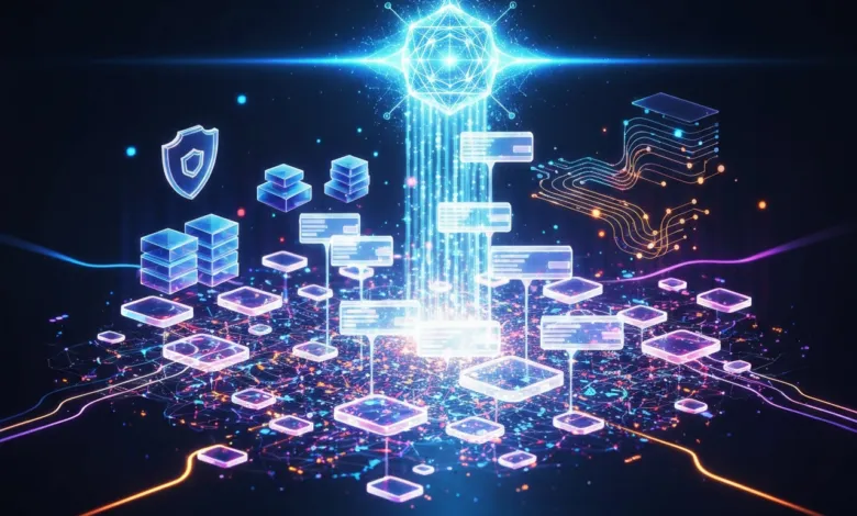 Abstract glowing network with data blocks and security shield.