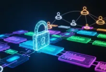 Digital padlock secures a network of connected devices and user icons.