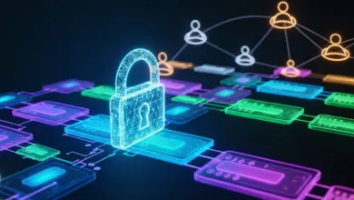 Digital padlock secures a network of connected devices and user icons.