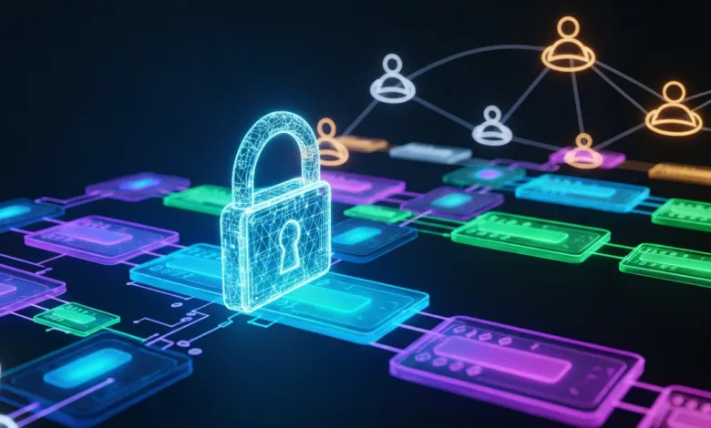 Digital padlock secures a network of connected devices and user icons.