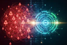 Abstract AI concept art with red warning signs and blue circuit board design.
