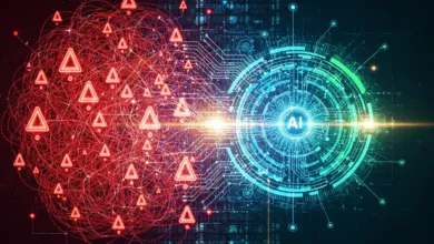 Abstract AI concept art with red warning signs and blue circuit board design.
