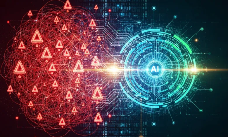 Abstract AI concept art with red warning signs and blue circuit board design.