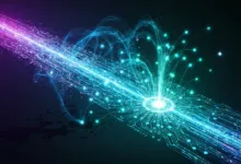 Abstract image of glowing circuit board with data streams in blue and purple.