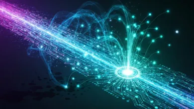 Abstract image of glowing circuit board with data streams in blue and purple.