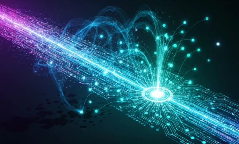 Abstract image of glowing circuit board with data streams in blue and purple.