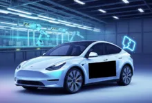 White Tesla car in a futuristic factory setting with robotic arms in the background.