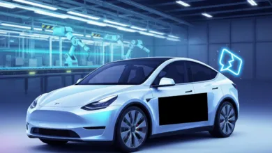 White Tesla car in a futuristic factory setting with robotic arms in the background.