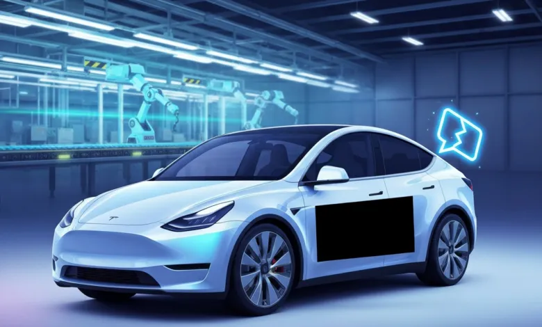 White Tesla car in a futuristic factory setting with robotic arms in the background.