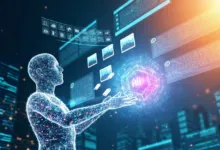 Digital human figure interacts with floating AI interface and data visualizations.