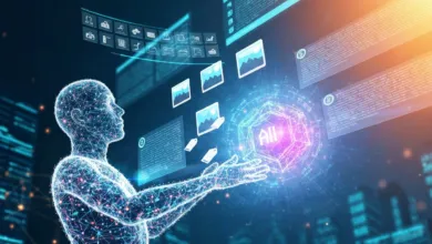 Digital human figure interacts with floating AI interface and data visualizations.
