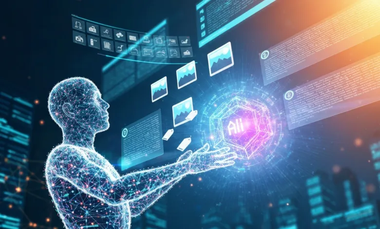 Digital human figure interacts with floating AI interface and data visualizations.