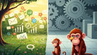 Split image: nature with data vs. industrial with monkeys holding coins.