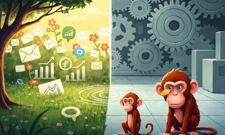 Split image: nature with data vs. industrial with monkeys holding coins.