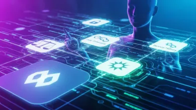 AI figure interacts with digital icons on a circuit board-like interface.