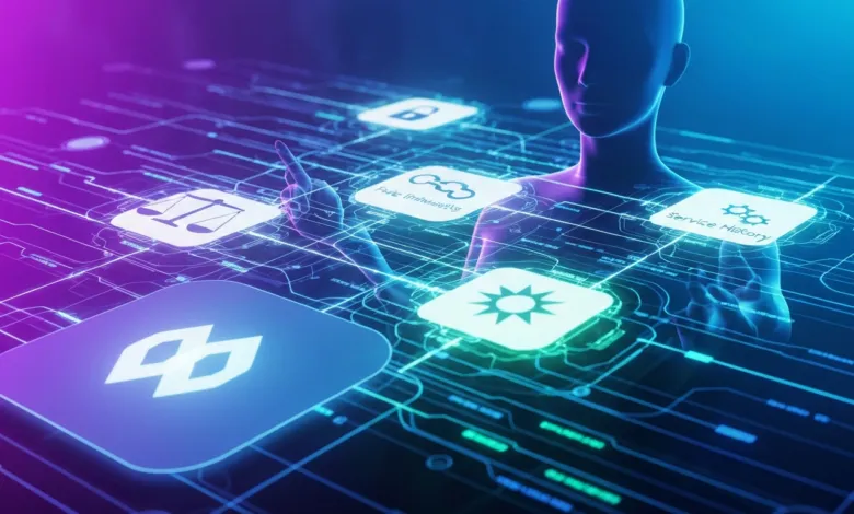 AI figure interacts with digital icons on a circuit board-like interface.