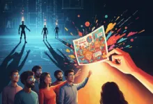 Diverse group looks at AI-generated artwork with robots in the background.