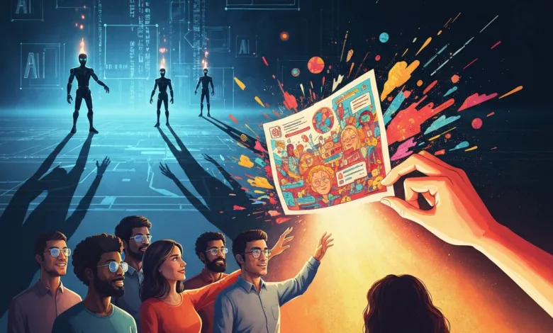 Diverse group looks at AI-generated artwork with robots in the background.