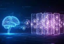 Digital brain connected to security shields, representing AI cybersecurity.