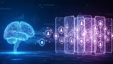 Digital brain connected to security shields, representing AI cybersecurity.
