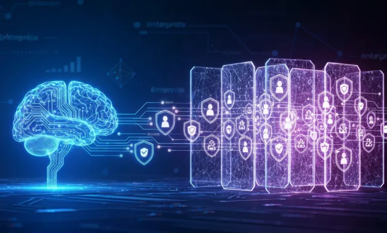 Digital brain connected to security shields, representing AI cybersecurity.