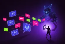Silhouette of person with shield facing digital threat and connected messages.