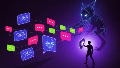 Silhouette of person with shield facing digital threat and connected messages.