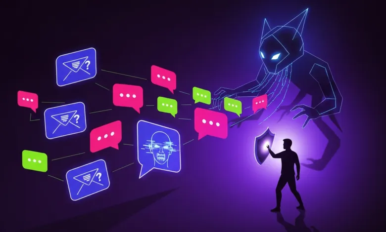 Silhouette of person with shield facing digital threat and connected messages.