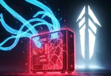 Gaming PC with glowing blue tendrils and red internal components.