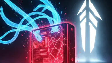 Gaming PC with glowing blue tendrils and red internal components.
