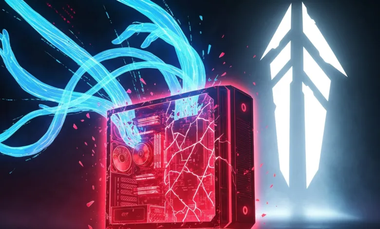 Gaming PC with glowing blue tendrils and red internal components.