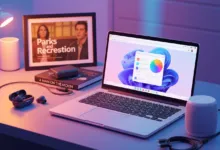 Laptop displaying Windows 11 with accessories and 'Parks and Recreation' framed picture.