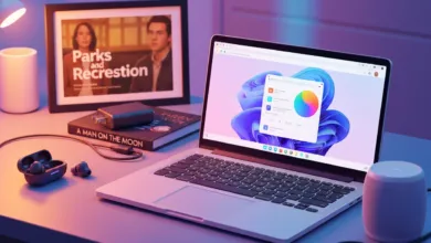 Laptop displaying Windows 11 with accessories and 'Parks and Recreation' framed picture.
