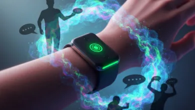 Smartwatch on wrist with glowing interface and chat bubble silhouettes.