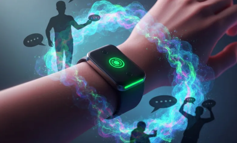 Smartwatch on wrist with glowing interface and chat bubble silhouettes.