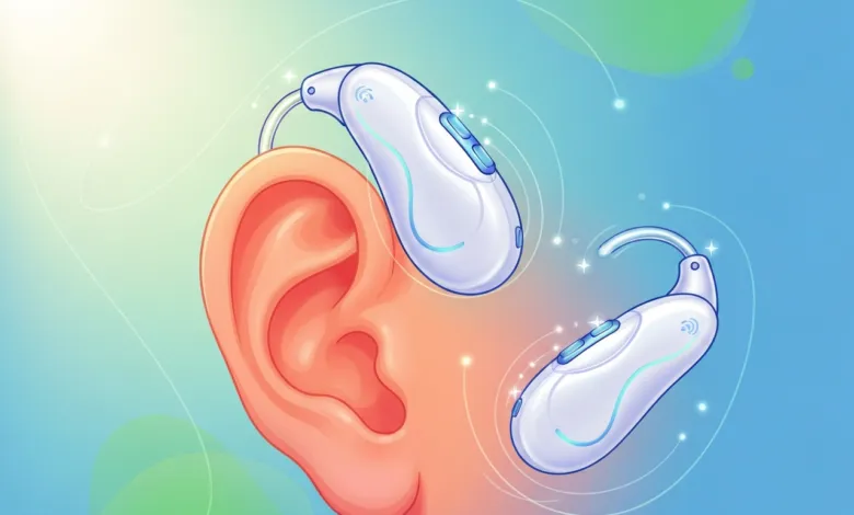 Illustration of two modern hearing aids on an ear, showcasing hearing technology.