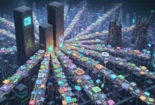 Futuristic city with app icons flowing through streets like data streams.