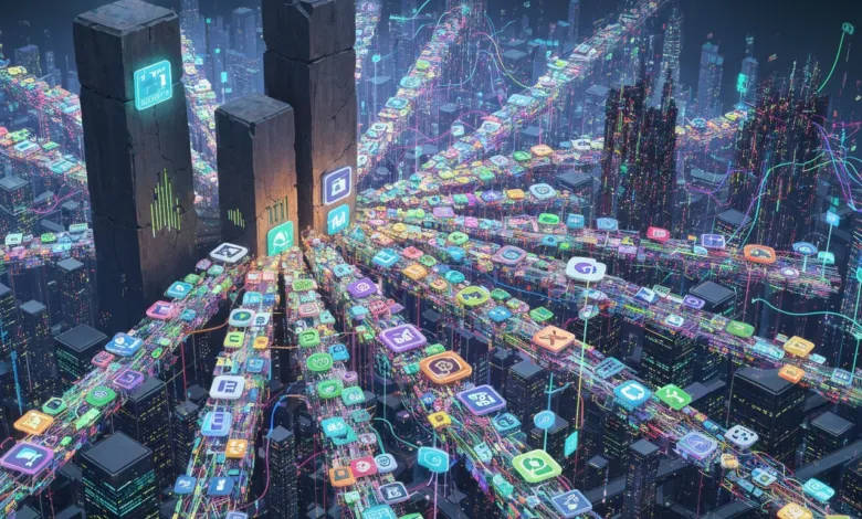Futuristic city with app icons flowing through streets like data streams.
