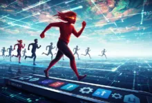 Runners compete on a digital treadmill, symbolizing efficiency and technological advancement.